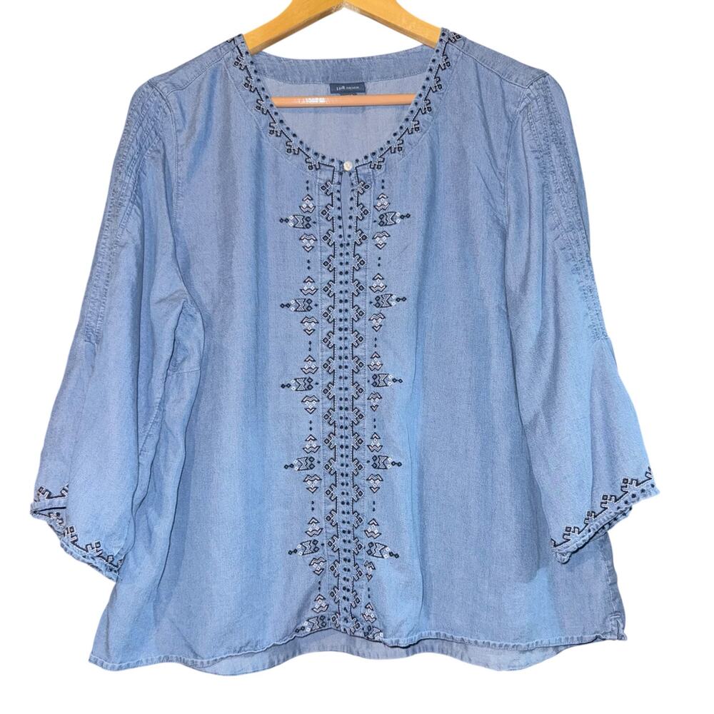 J. Jill Chambray Embroidered Top Women's Large 3/4 Sleeve Southwestern Aztec